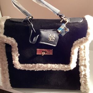 Badgley Mischka Black Vegan Leather Shoulder Bag with Cream Trim